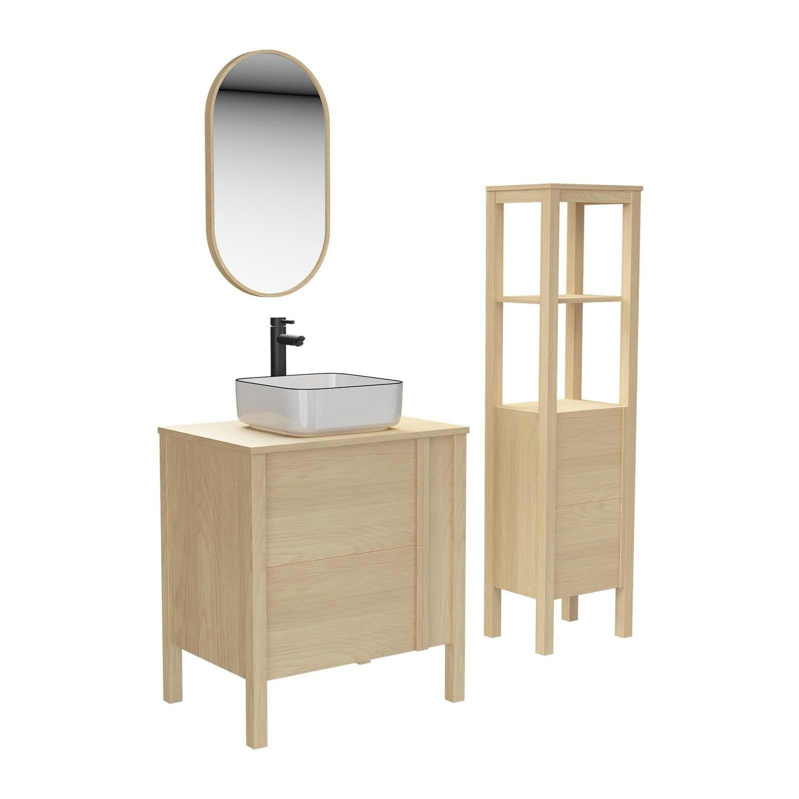 NESTO - Meuble simple vasque 70cm chêne  + vasque + robinet + miroir + colonne