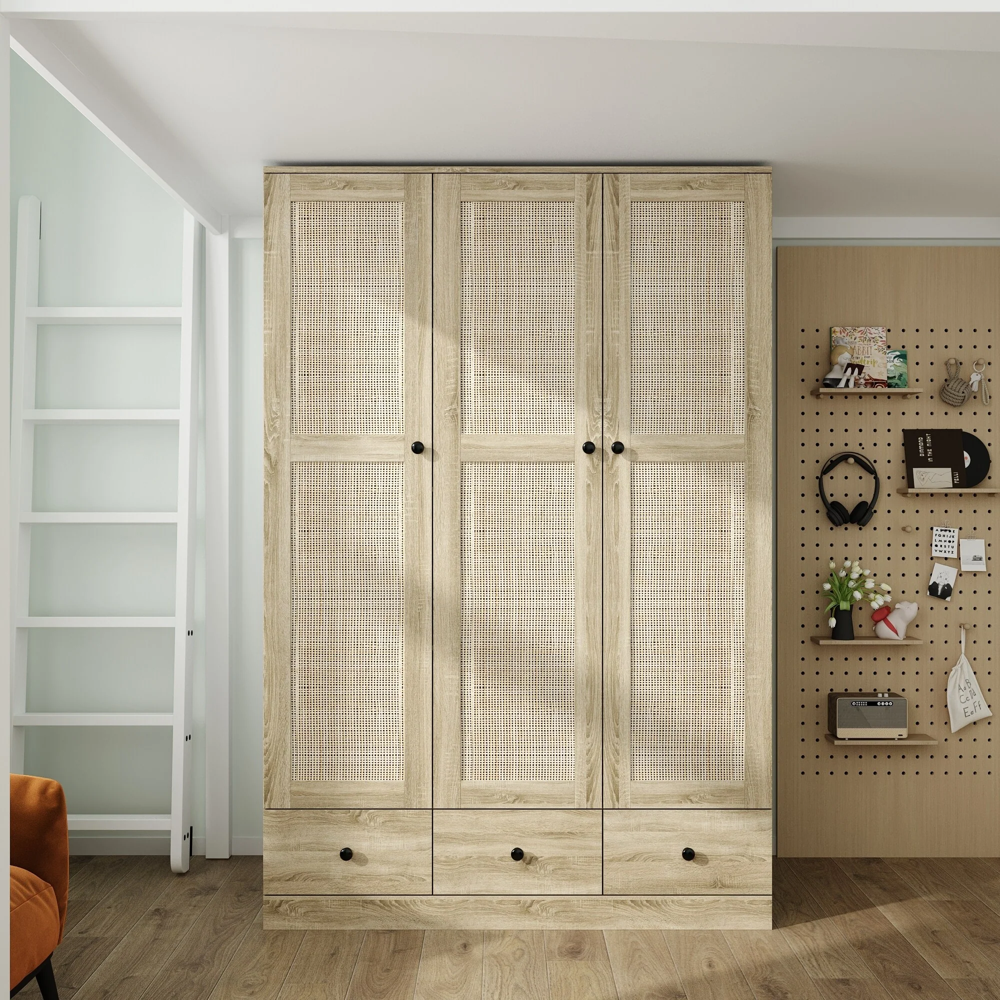 Rattan-Accented Wardrobe - Spacious Clothing Organizer with Style