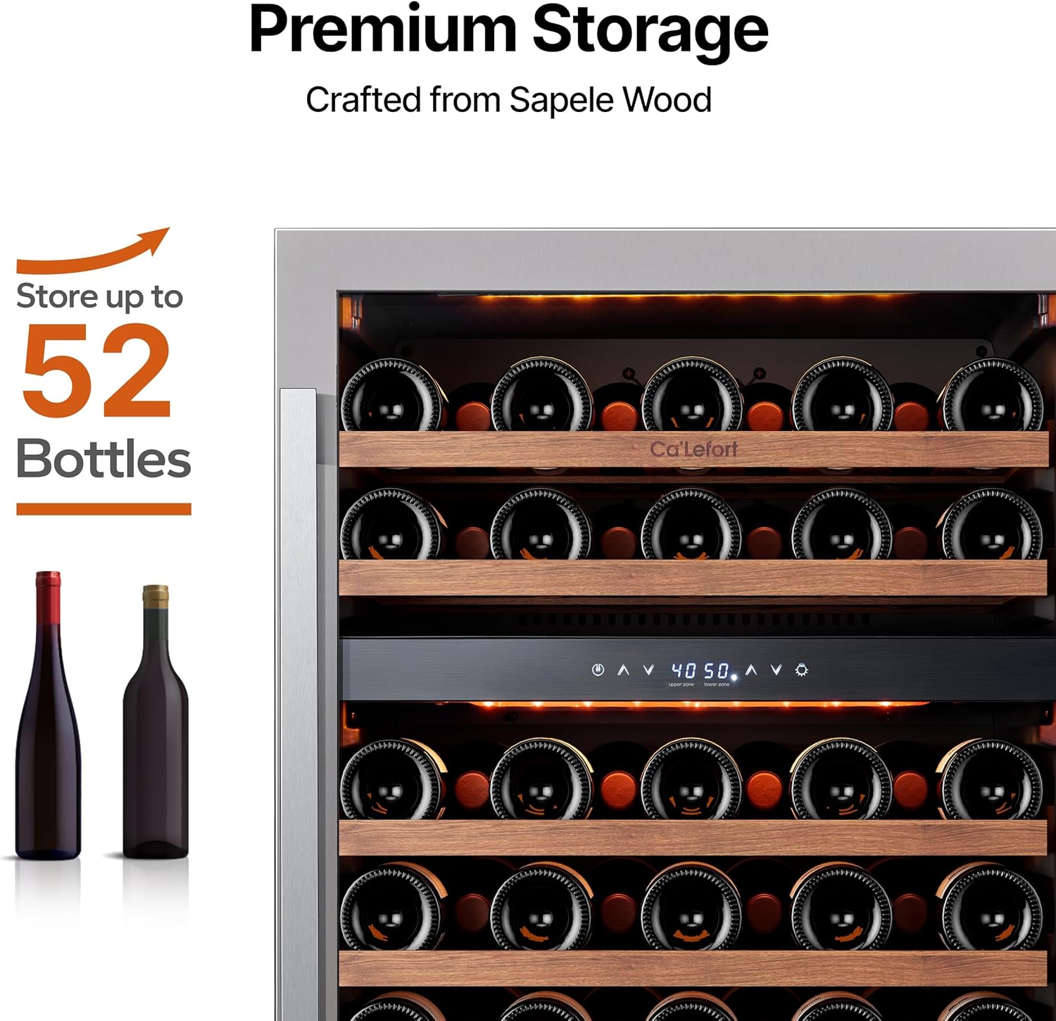 Ca'Lefort Wine Fridge & Cooler - 24 Inch 52 Bottle Wine Cooler Refrigerator, 40-65°F Dual Zone Wine Refrigerator Glass Door, 3 LED Built-in or Freestanding Fridge for Home/Bar/Kitchen (5.65 cu.ft)