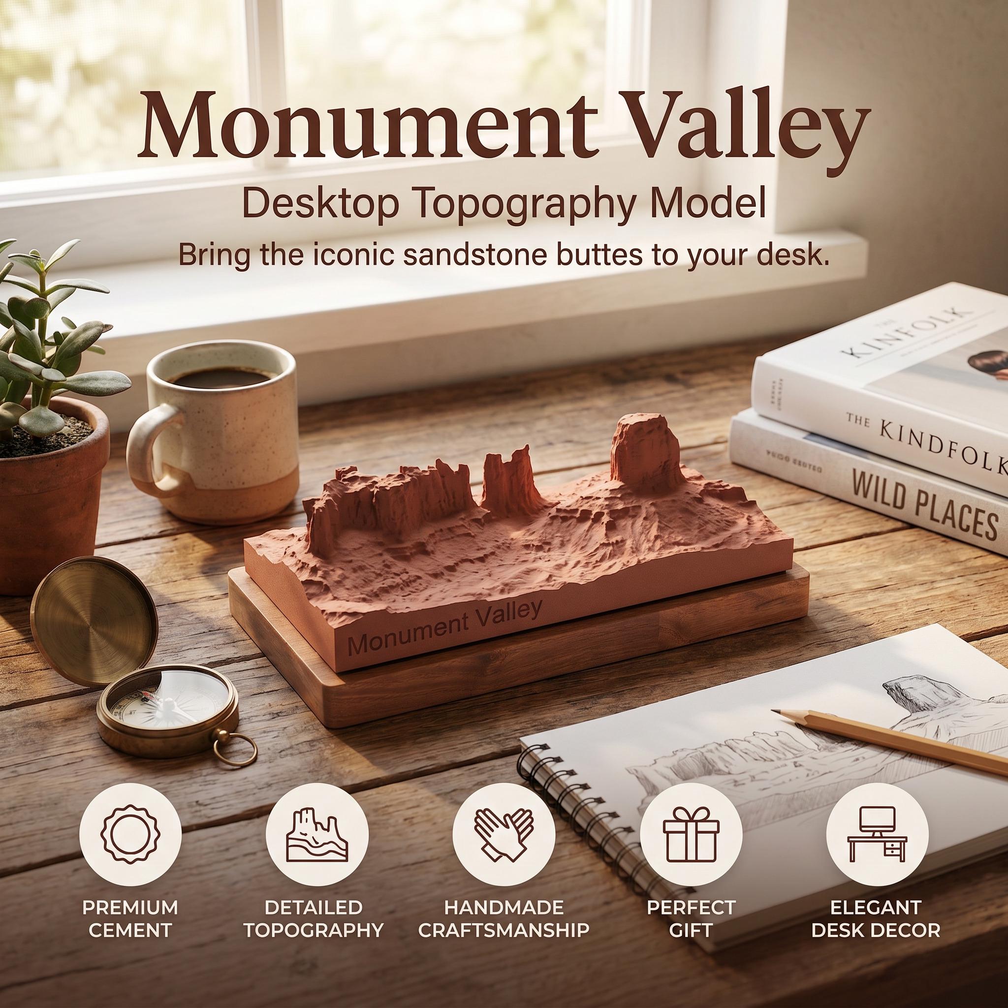 Monument Valley Concrete Topography Model, Wood Base Desktop Decor Landmark Sculpture