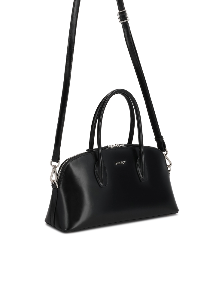 Black leather handbag with rigid construction