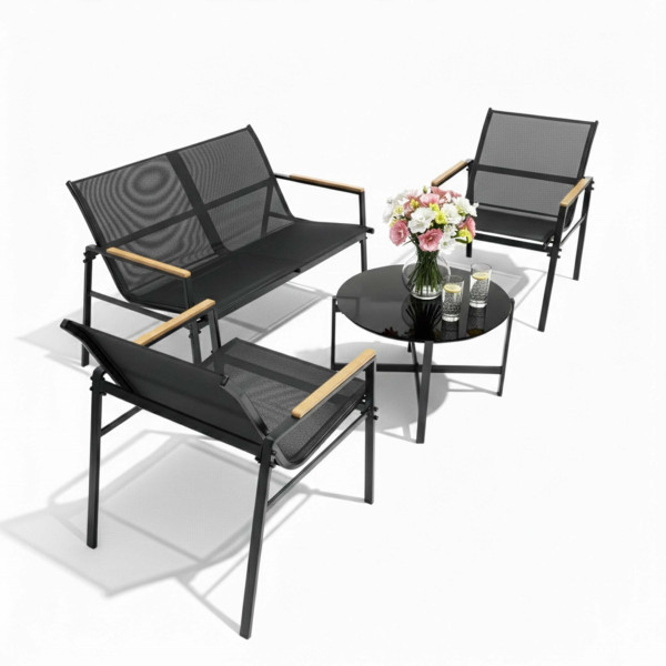 Zestaw mebli ogrodowych dla 4 osób sofa, krzesła, stolik metalowe, czarne