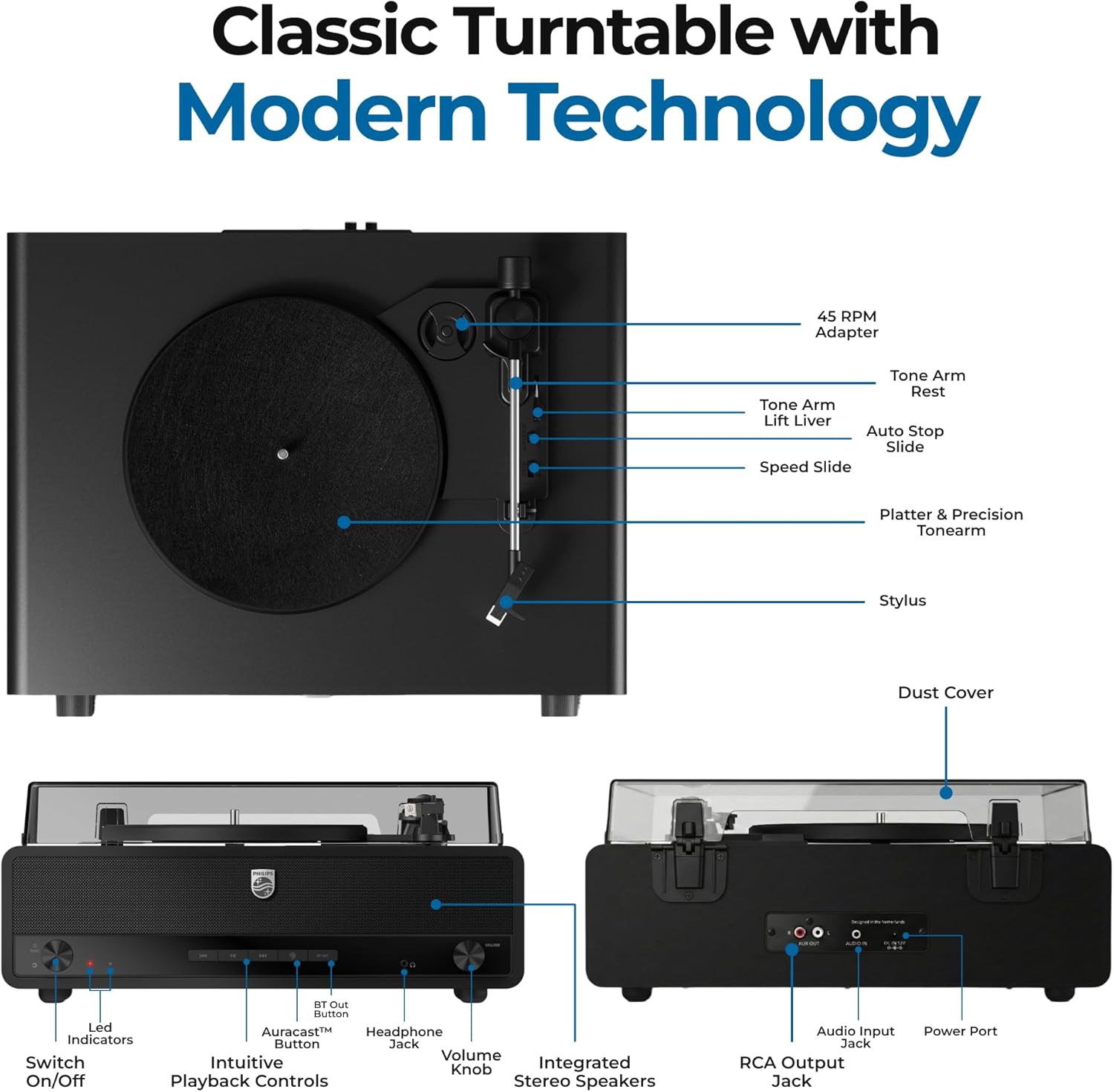Philips Record Player, All-in-One Bluetooth Turntable with Built-in Speakers, 3-Speed Belt-Drive Vinyl Record Player, Audio-Technica Stylus, Wireless Streaming in & Out, RCA/AUX/Headphone, Auto-Stop