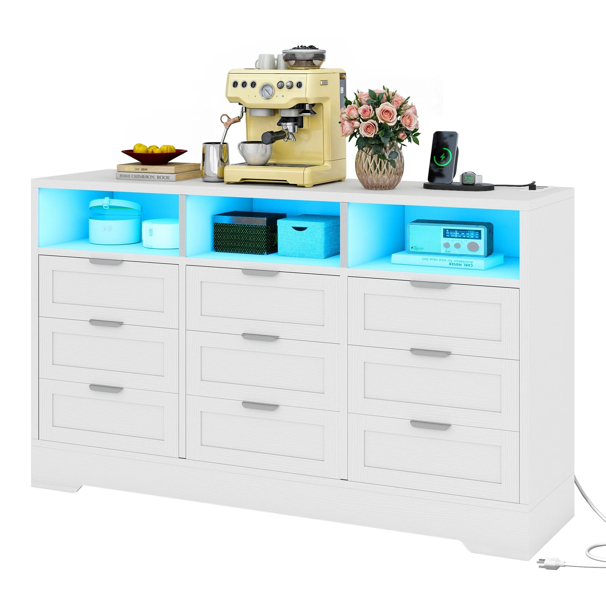 Moasis Modern 9 Drawer Double Dresser Chest Drawer Storage Dresser with Power Outlet And LED Light