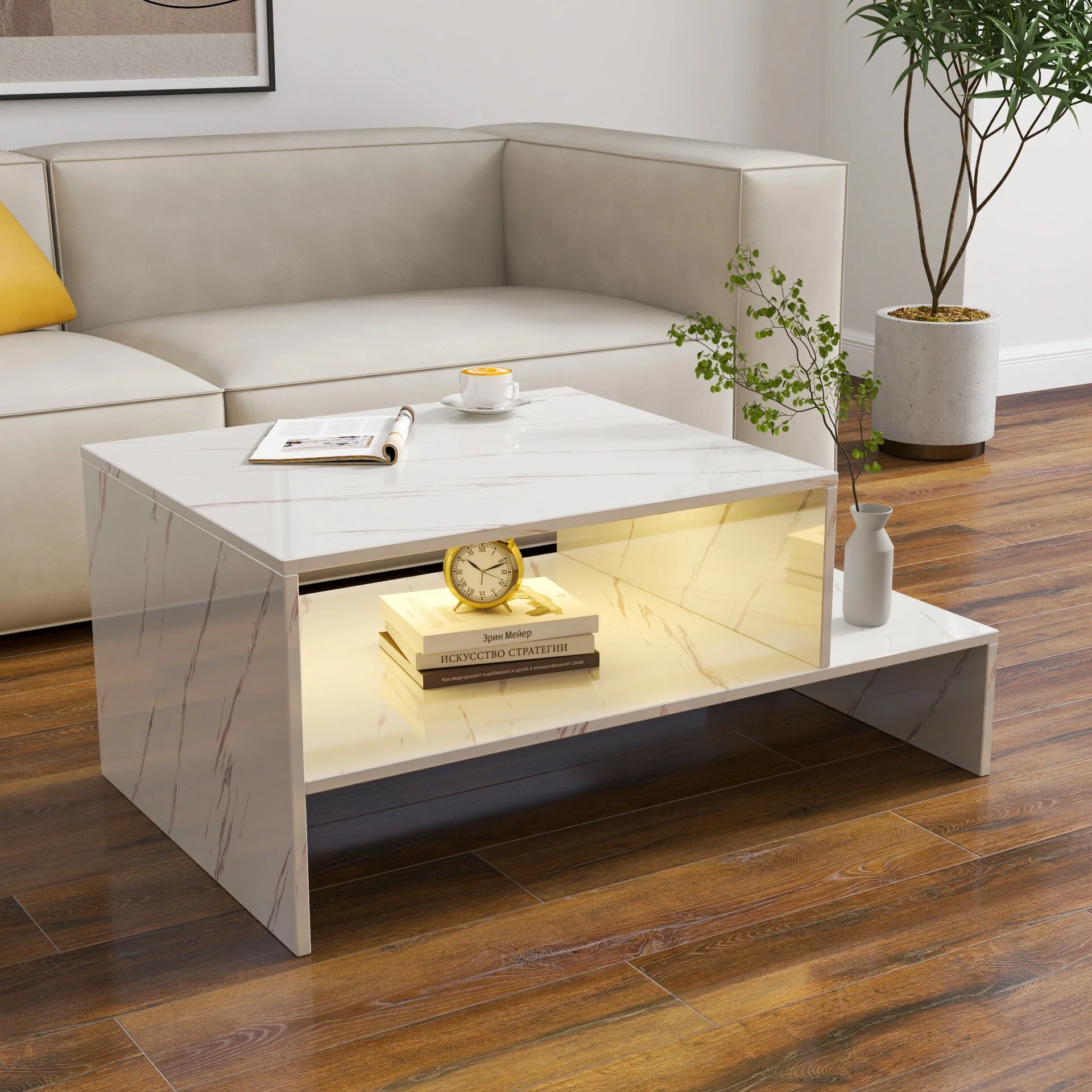 Double Layer Coffee Table for Living Room with Open Storage, Open Display Center Table, Gloss Home Snack Table