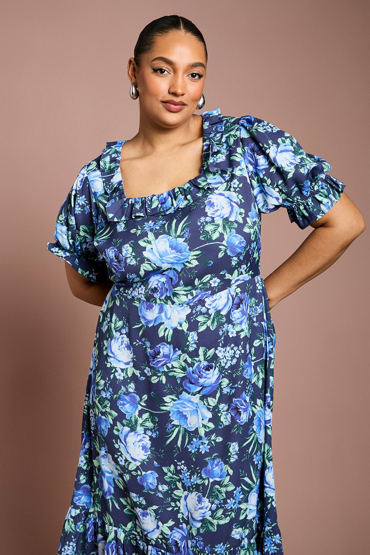 Dorothy Perkins Curve Ruffle Neckline Frill Sleeve Tiered Midi Dress