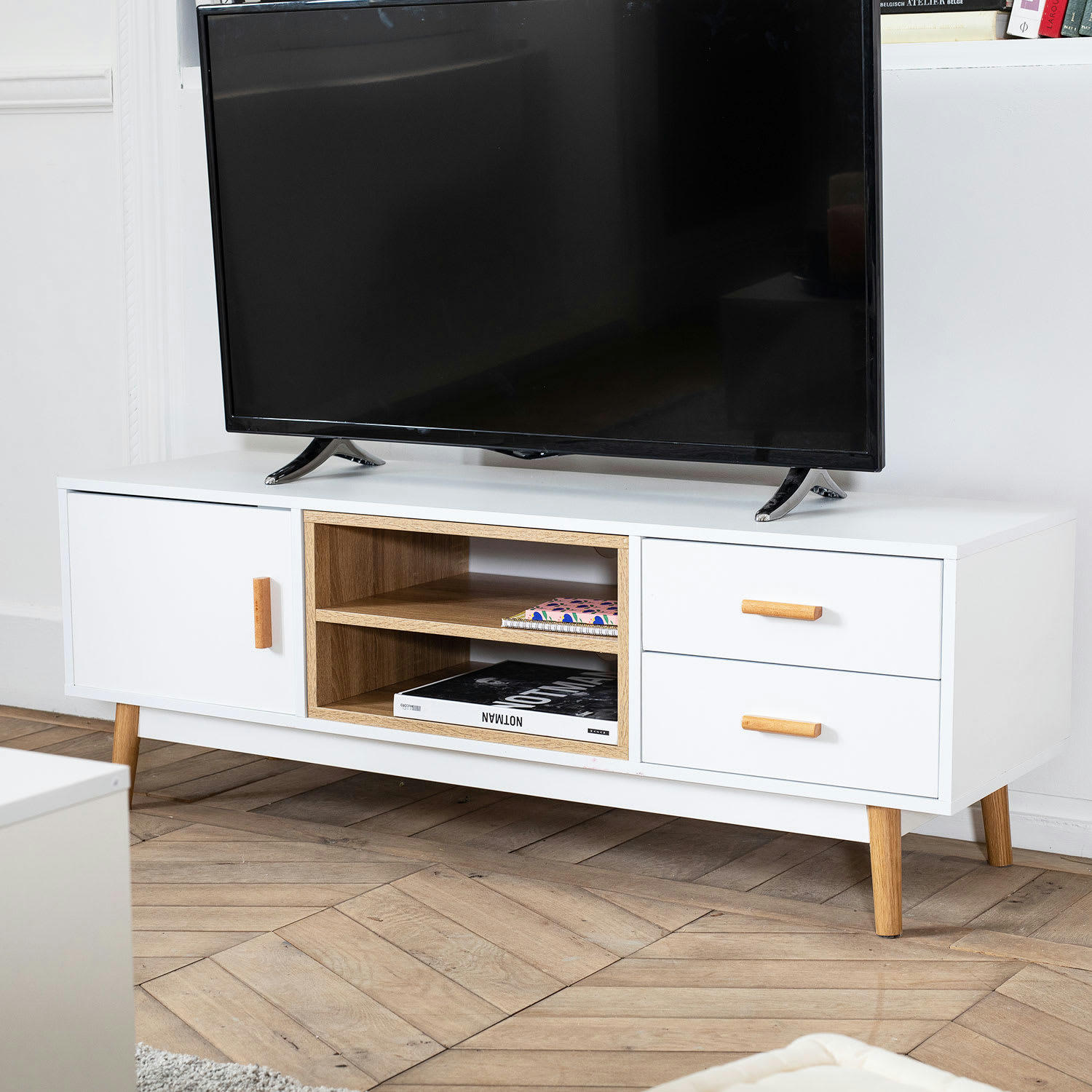JOEY - Meuble TV style scandinave avec 1 porte et 2 tiroirs blanc