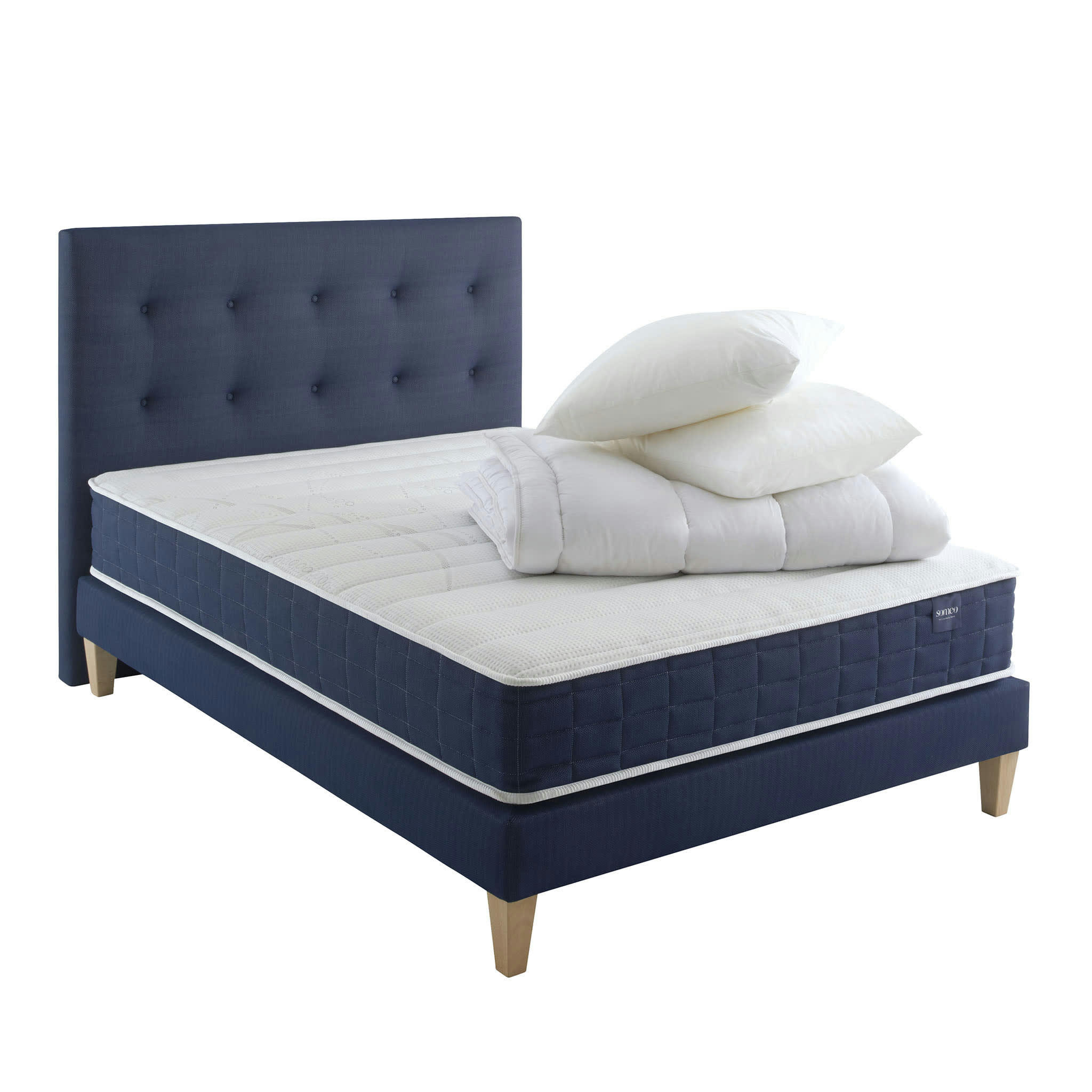 REVE 400 - Ensemble matelas, sommier, pieds, tête de lit, couette oreiller 140x20
