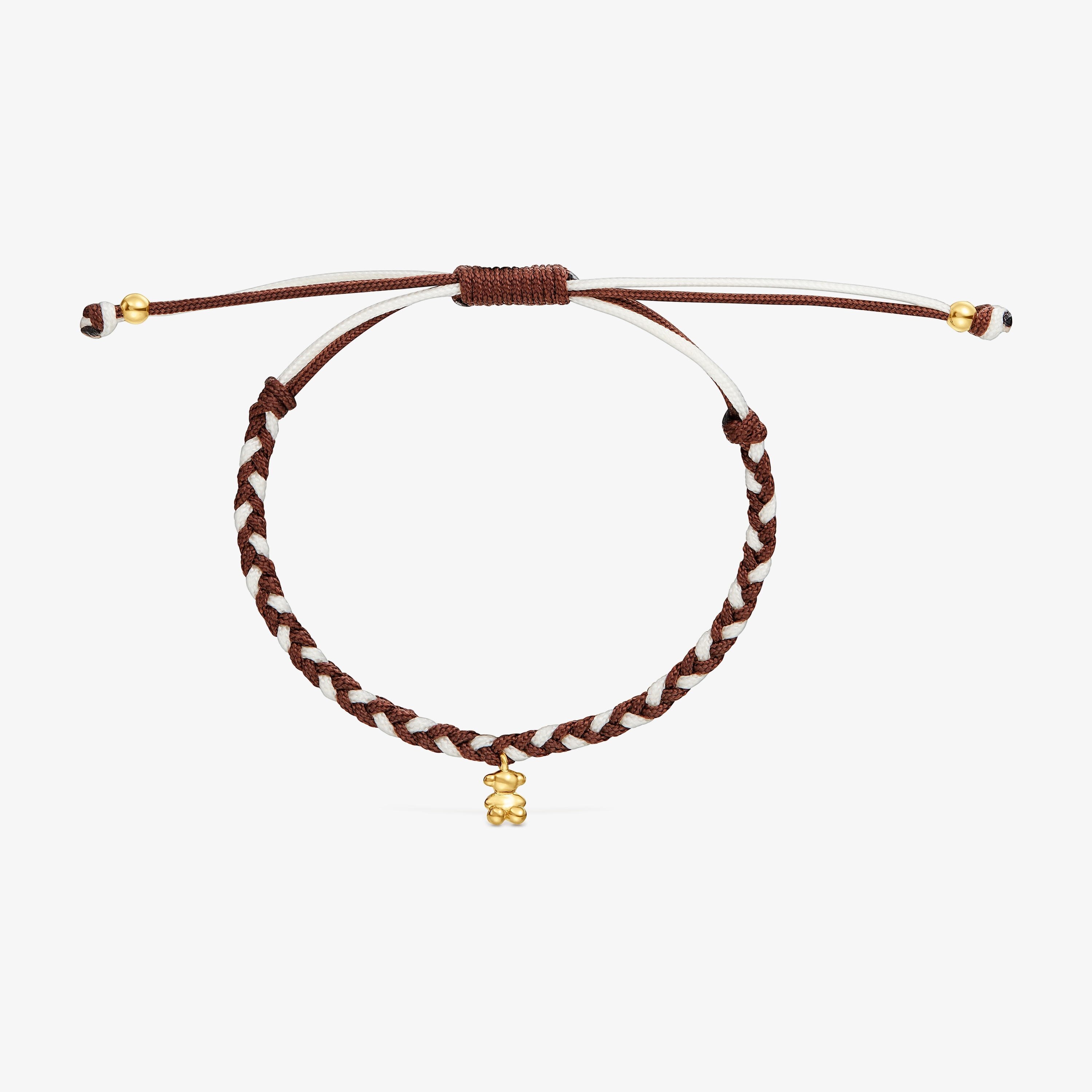 Pulsera oso con baño de oro 18 kt sobre plata y nylon marrón TOUS Motivos
