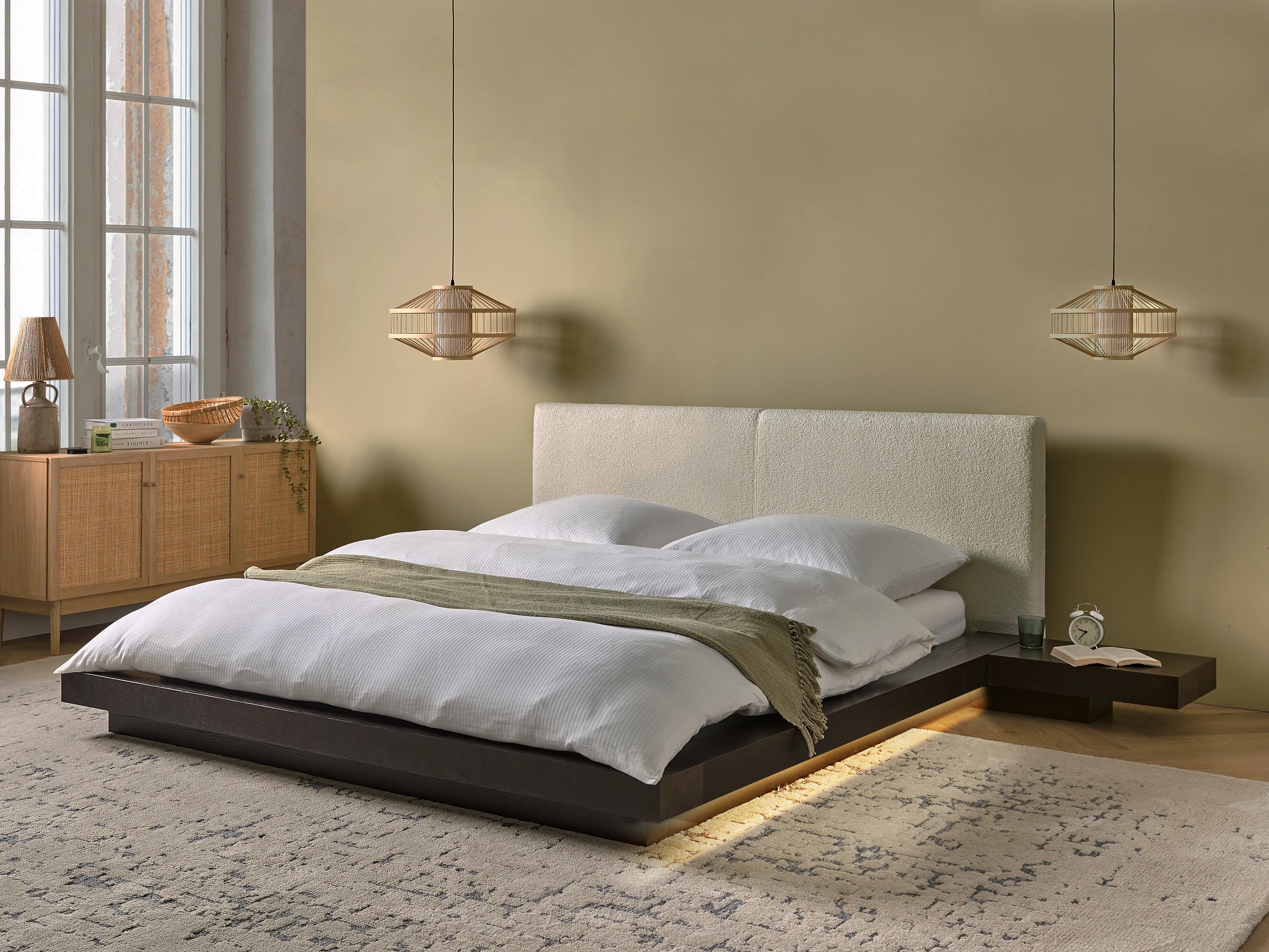 Bed with LED Boucle ZEN 160 x 200 cm (EU King Size) LED Dark Ash Wood
