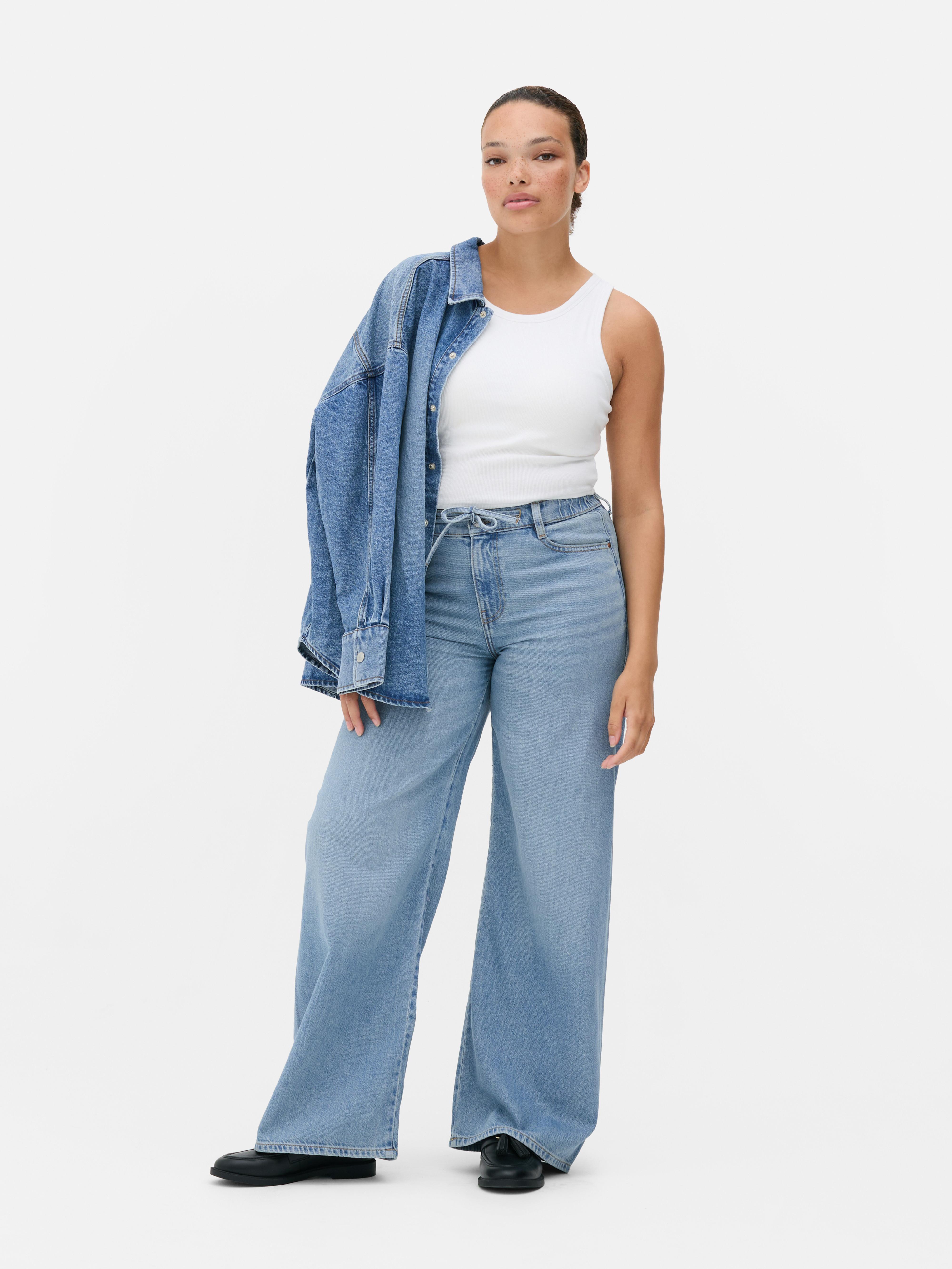 Drawstring High-Waisted Wide-Leg Jeans