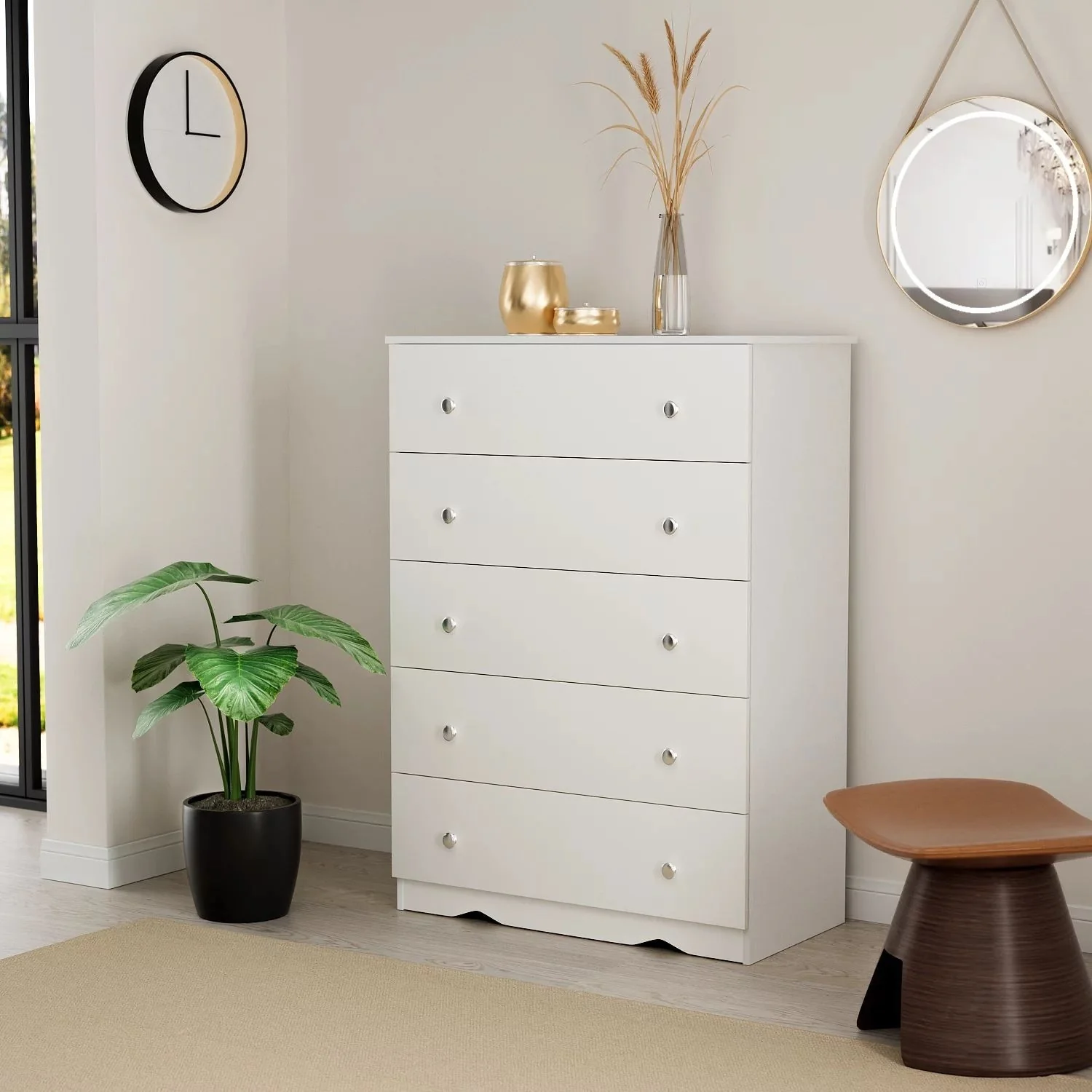 Furniwell 5 Drawer Dresser for Bedroom Wooden Top Tall Storage Cabinet