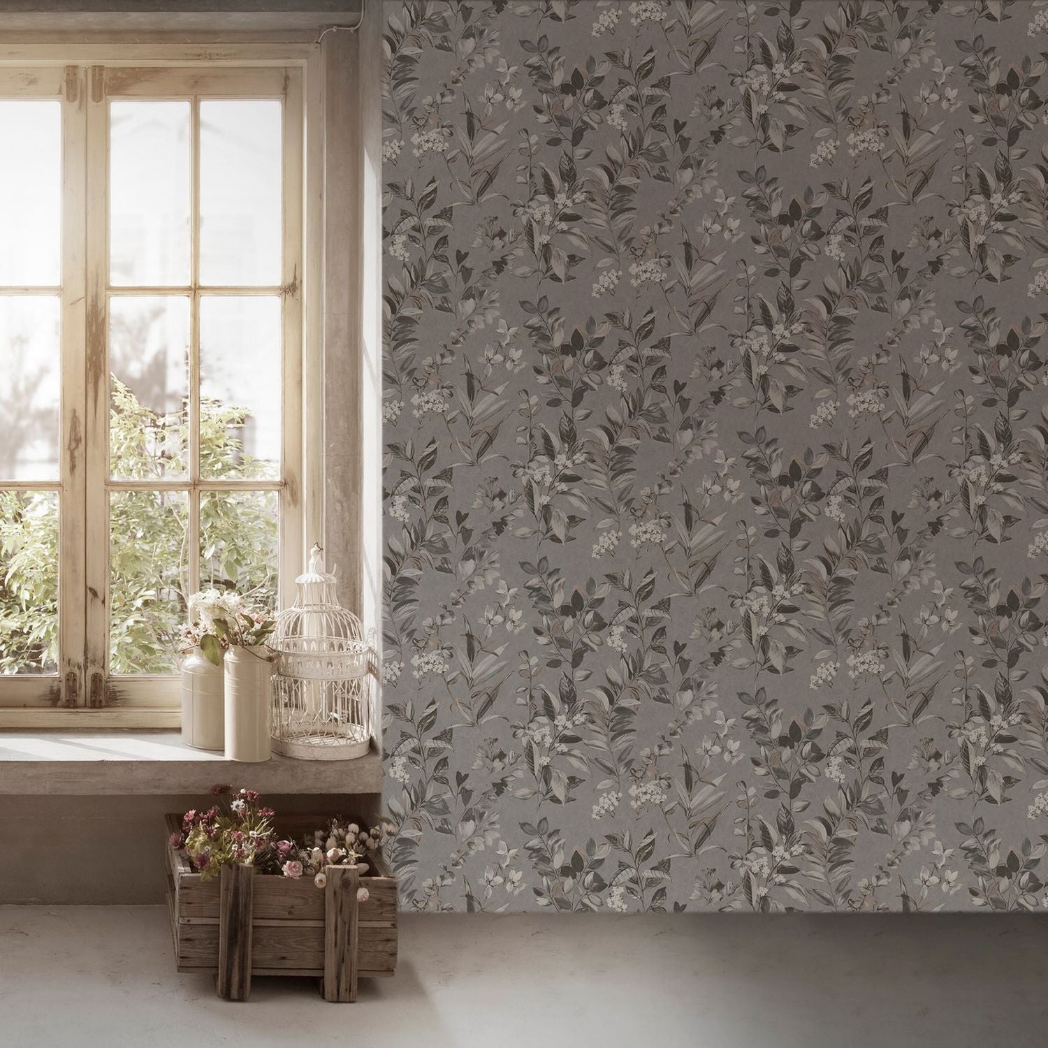 Livingwalls behang bloemmotief grijs, wit, zwart en beige - 53 cm x 10.05 m - AS-391714