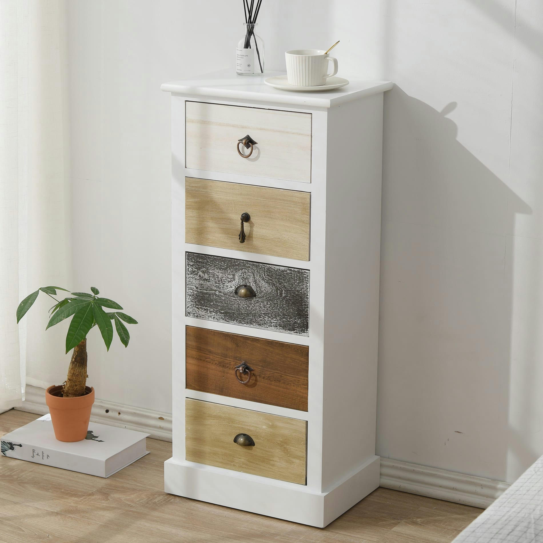 - Chiffonnier avec 5 tiroirs en bois blanc et brun