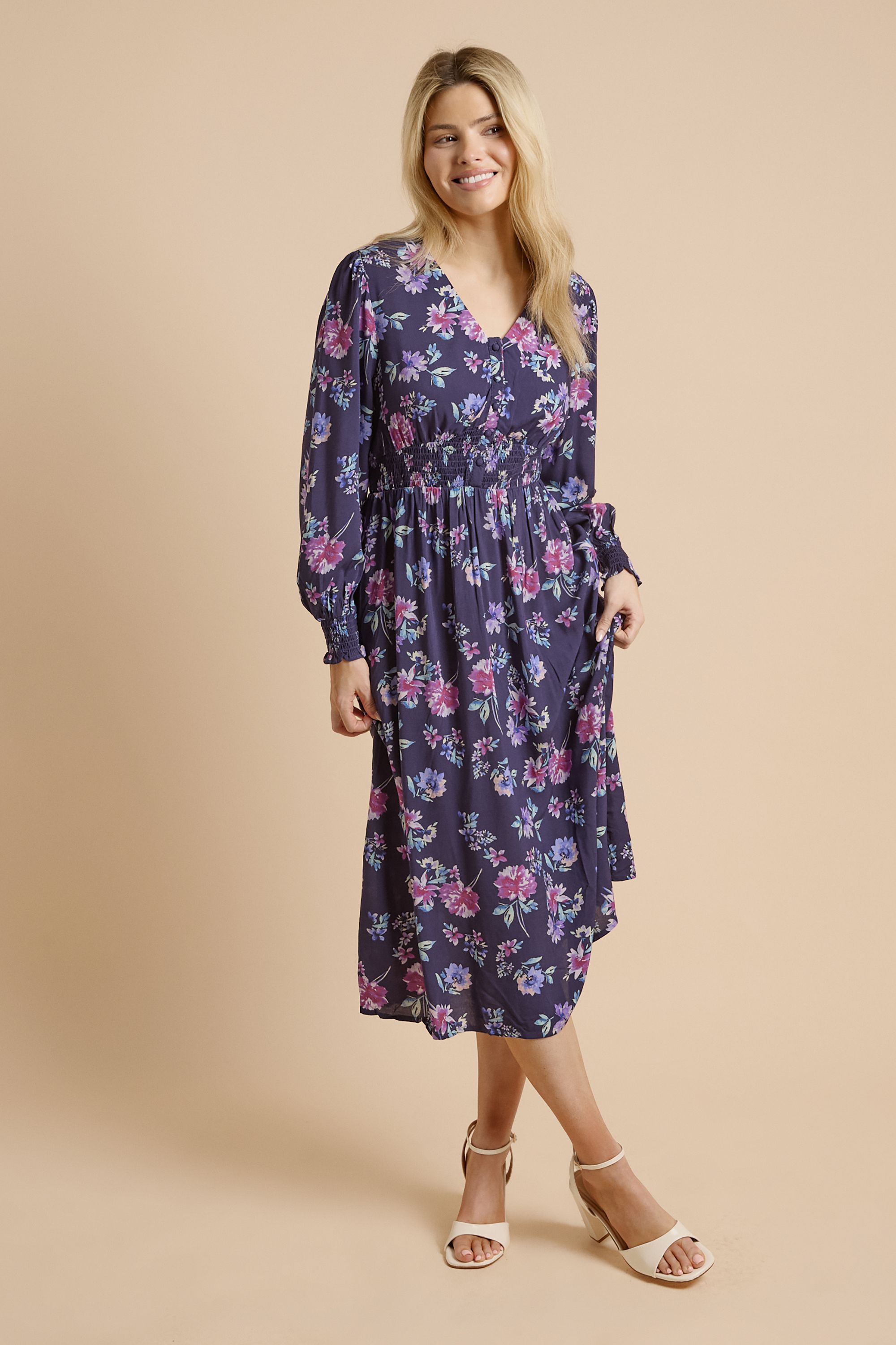 Dorothy Perkins Petite V Neck Button Front Detail Printed Midi Dress