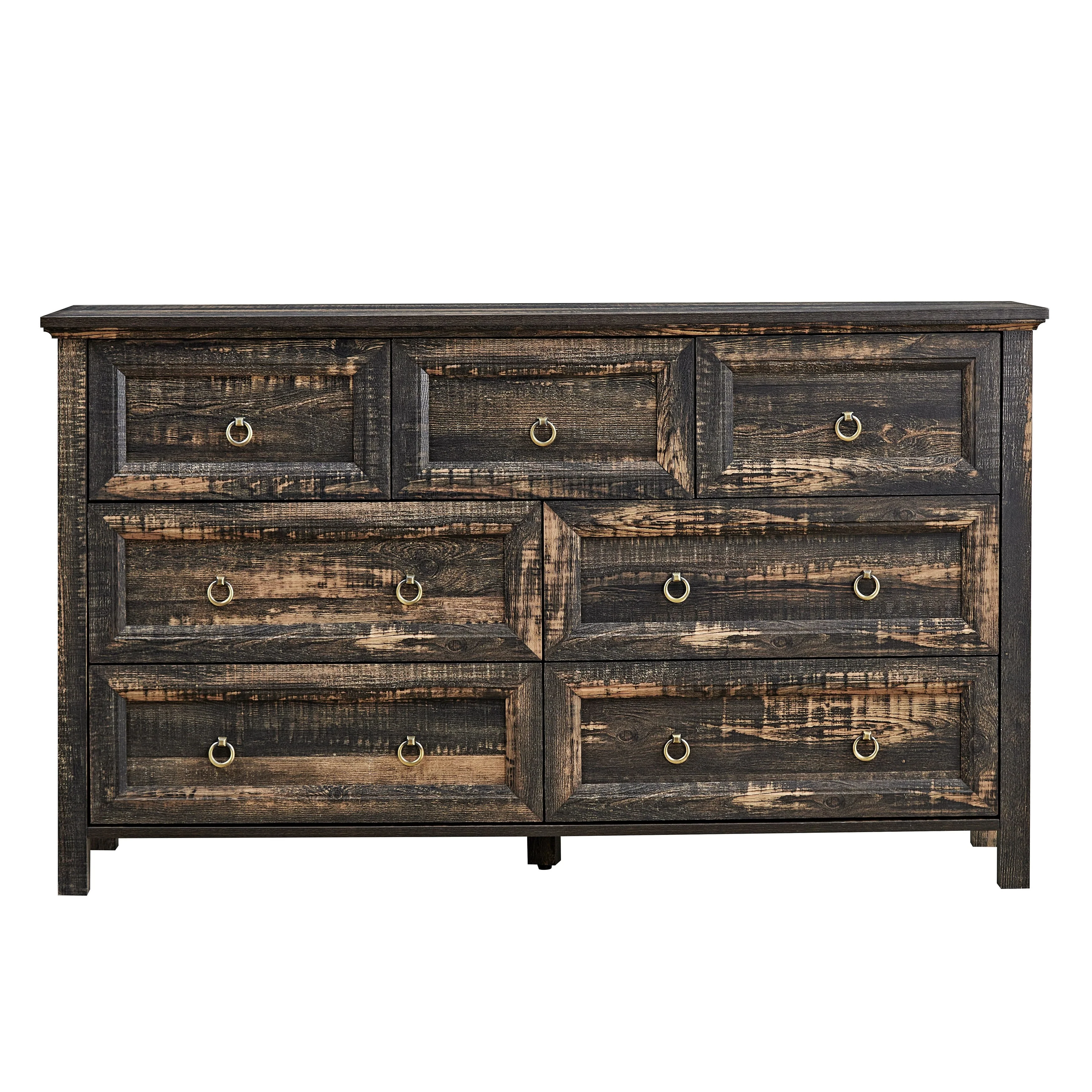 Dark Oak Farmhouse Style 53.94 TV Stand Dresser with 7 Drawers and Metal Round Handle for 60 TV