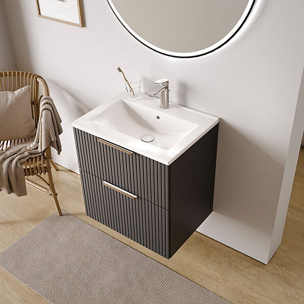 Meuble vasque Anthracite mat strié de salle de bain 60x46x62cm (LxPxH)   vasque céramique, Poignées chrome - TIM60