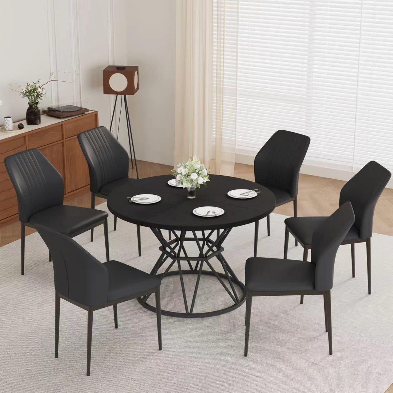 47.24 Round Dining Table Set for 6, 7 Piece Dining Room Table Set, Circle Kitchen Table and Chairs for Dining Room, Living Room, Kitchen, Apartment(Black Table + 6 Black Faux Leather Chairs)