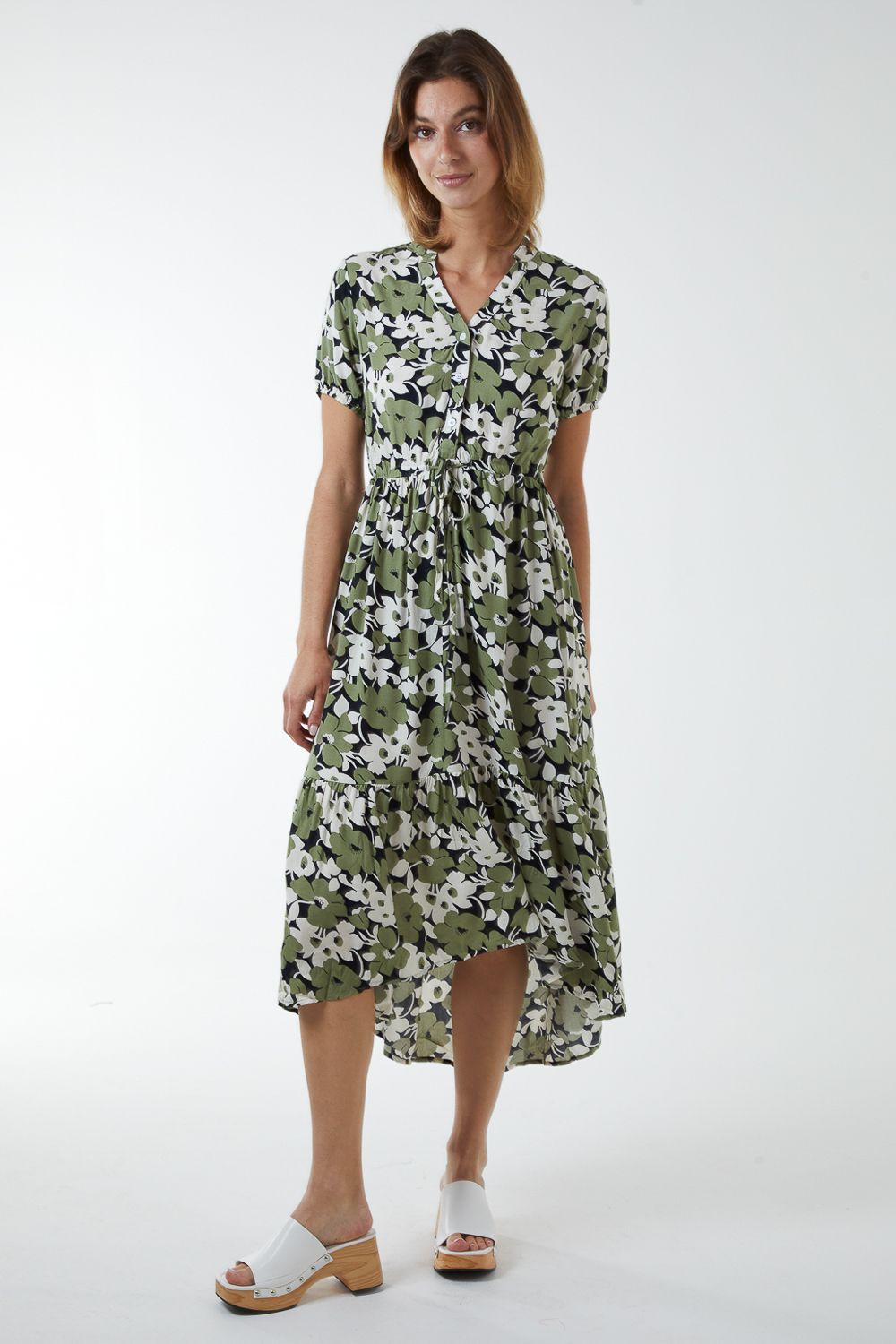 Blue Vanilla Asymmetric Hem Notch Collar Dress