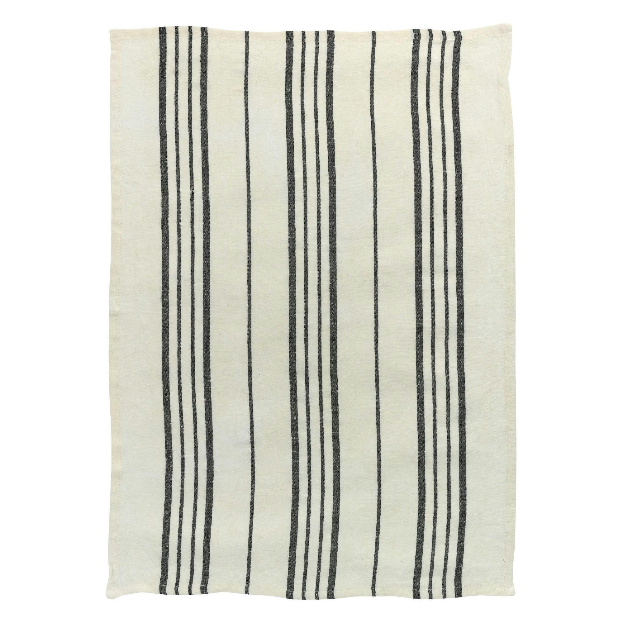 KARMA - Torchon rayé  en lin ecru/noir 55 x 75
