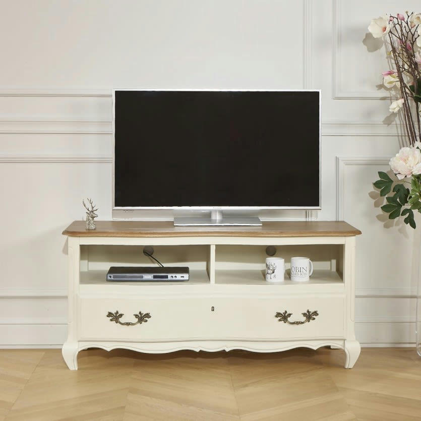 SERRENA - Meuble tv plateau chêne 1 tiroir 2 niches blanc