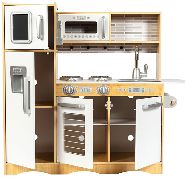 Cuisine Enfant En Bois éclairage LED XXL 93x30x83 cm - Ustensiles Tablier Frigo Micro-ondes Plaque - Blanc