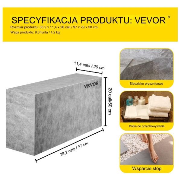 Ławka prysznicowa prostokątna 97x29x51cm wodoodporna do zabudowy