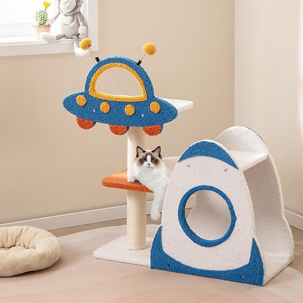 Arbre à Chat Design Univers Cosmique, Plateforme et Nid en Forme de Fusée, Griffoir avec 2 Balles ,avec Colonnes en Sisal (87cm)