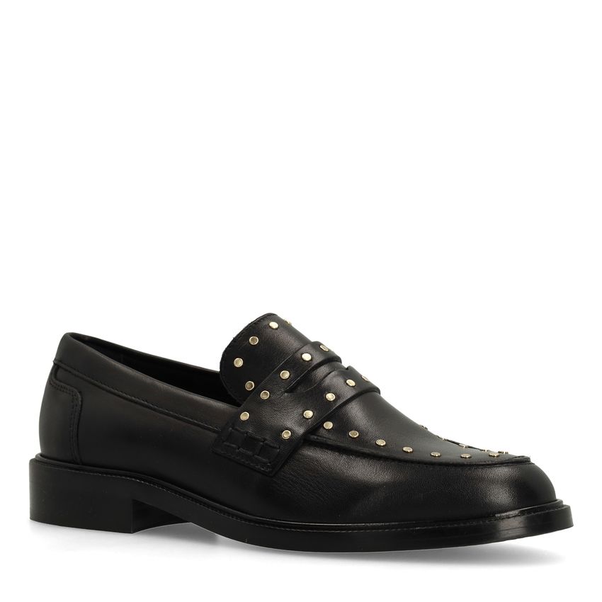 Manfield Zwarte leren loafers met goudkleurige studs