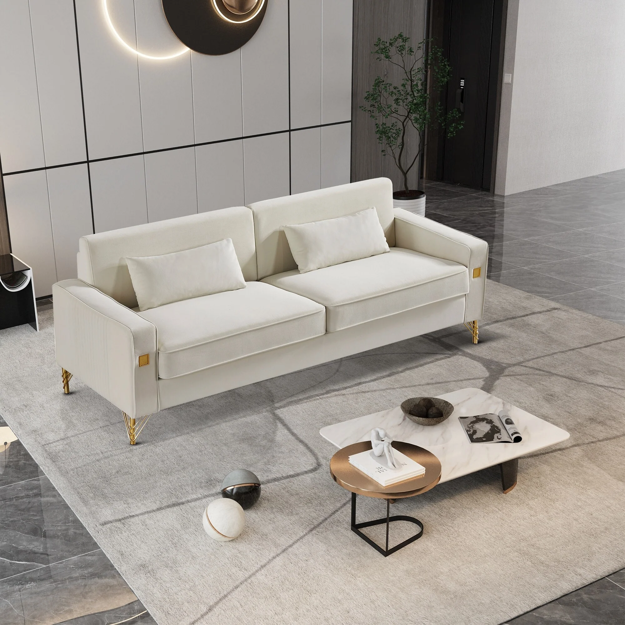 White Modern 85.44 Velvet Upholstered Loveseat Sofa with Gold Legs and Pillows for Living Room