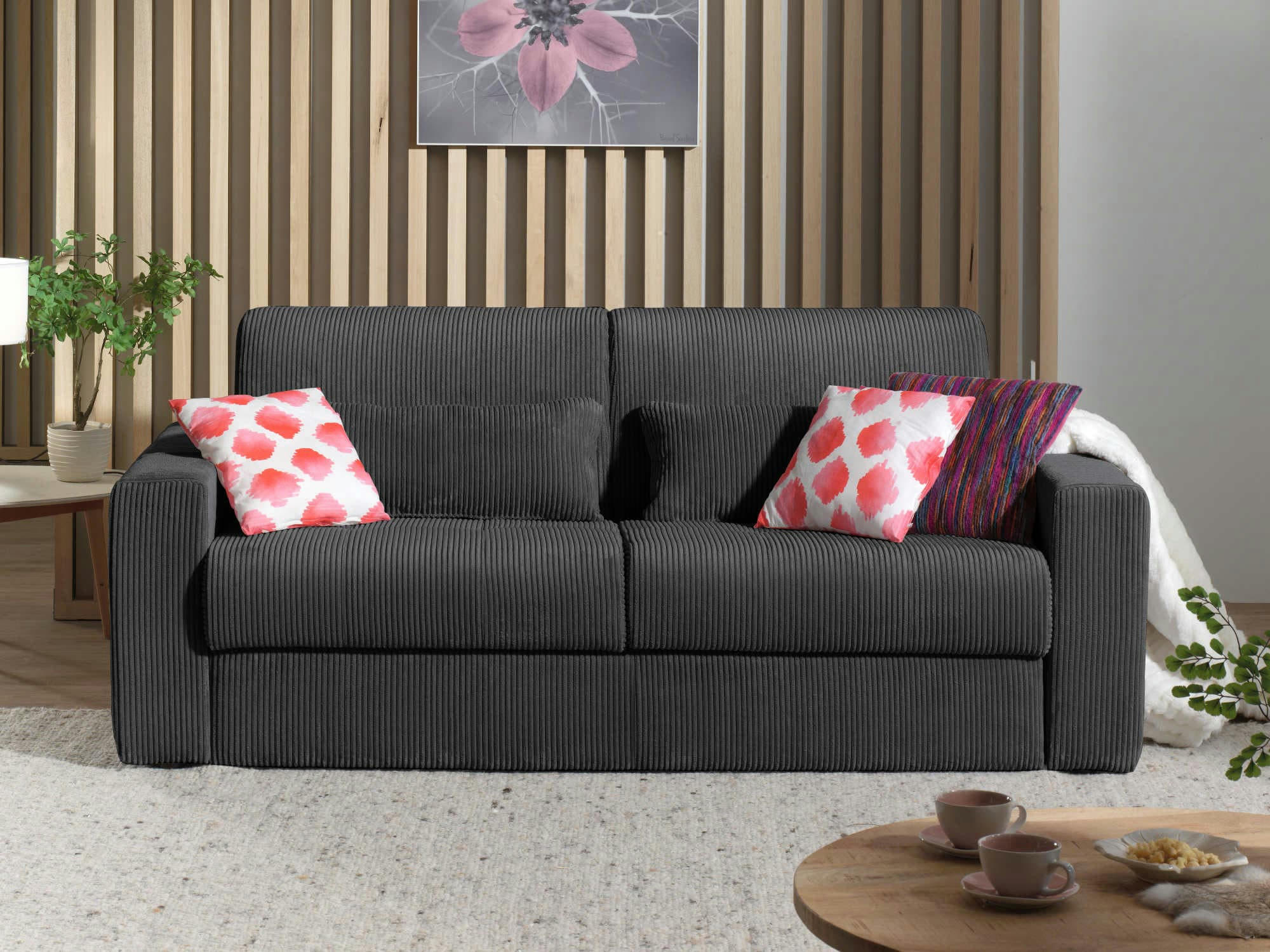 SACHA - Canapé droit convertible 3 places en velours côtelé gris foncé