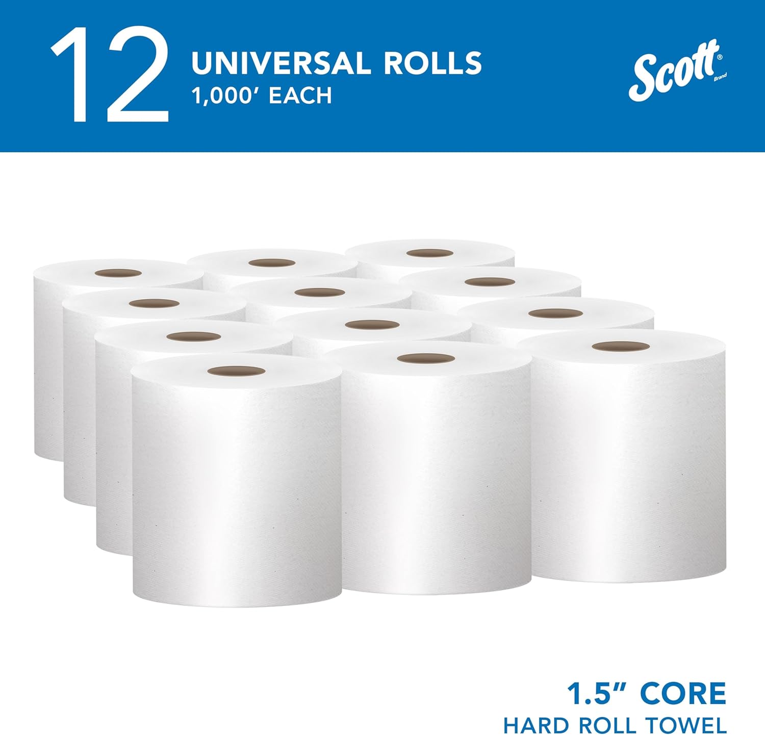 Scott Professional Essential Universal High-Capacity Hard Roll Paper Towels, Bulk (01000), Hardwound 1.5 Core, Absorbency Pockets, White (12 Rolls at 1,000' Each, 12,000'/Case)