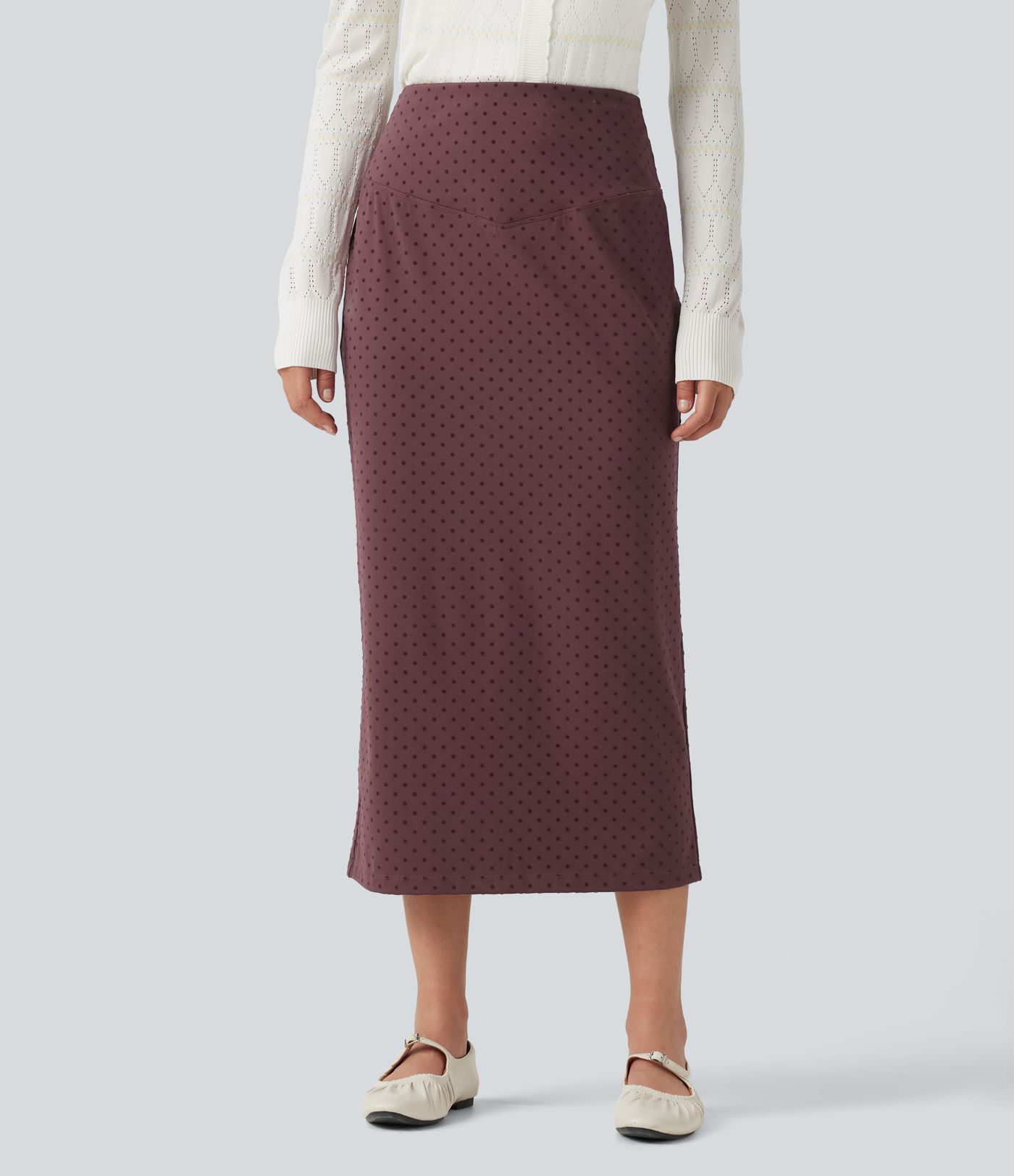 Jupe midi taille haute en velours à pois