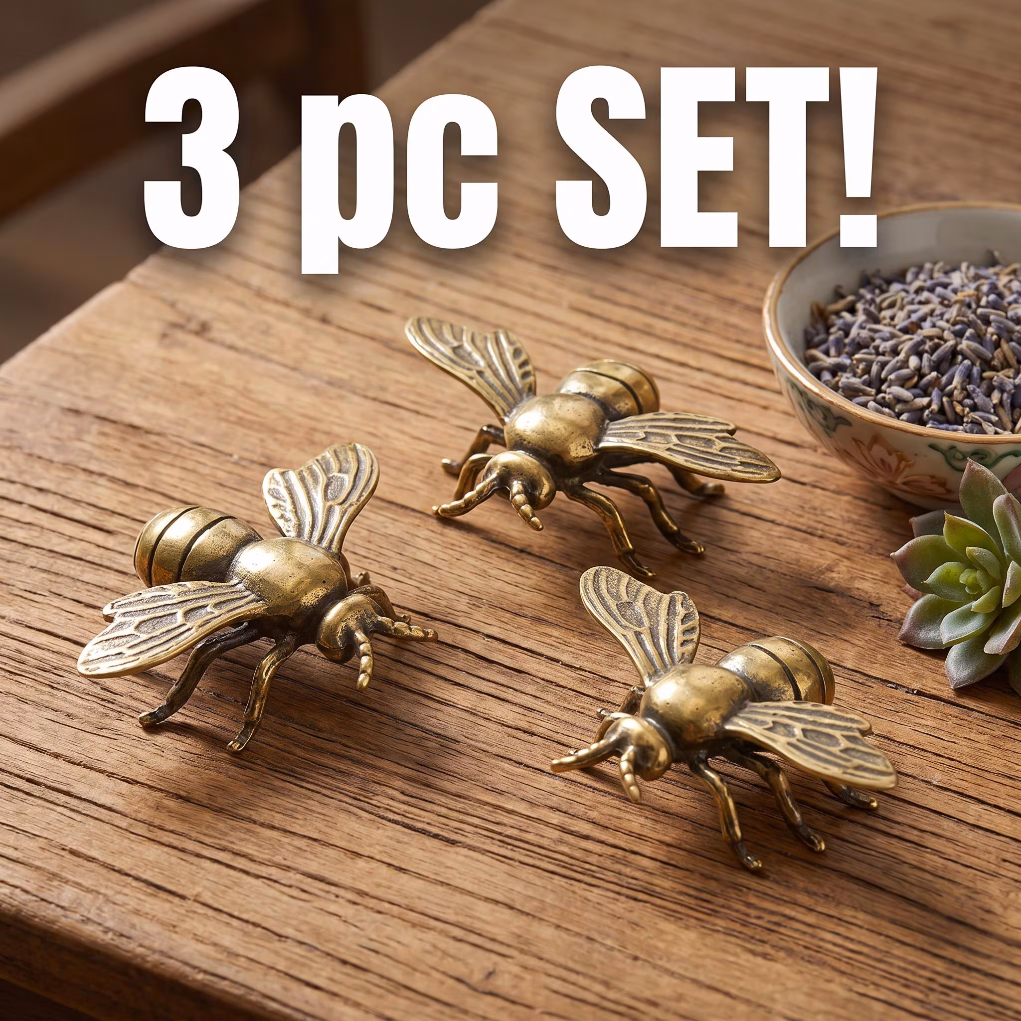 3-Piece Brass Bee Figurine Set, Lucky Symbol Office Desk Paperweight