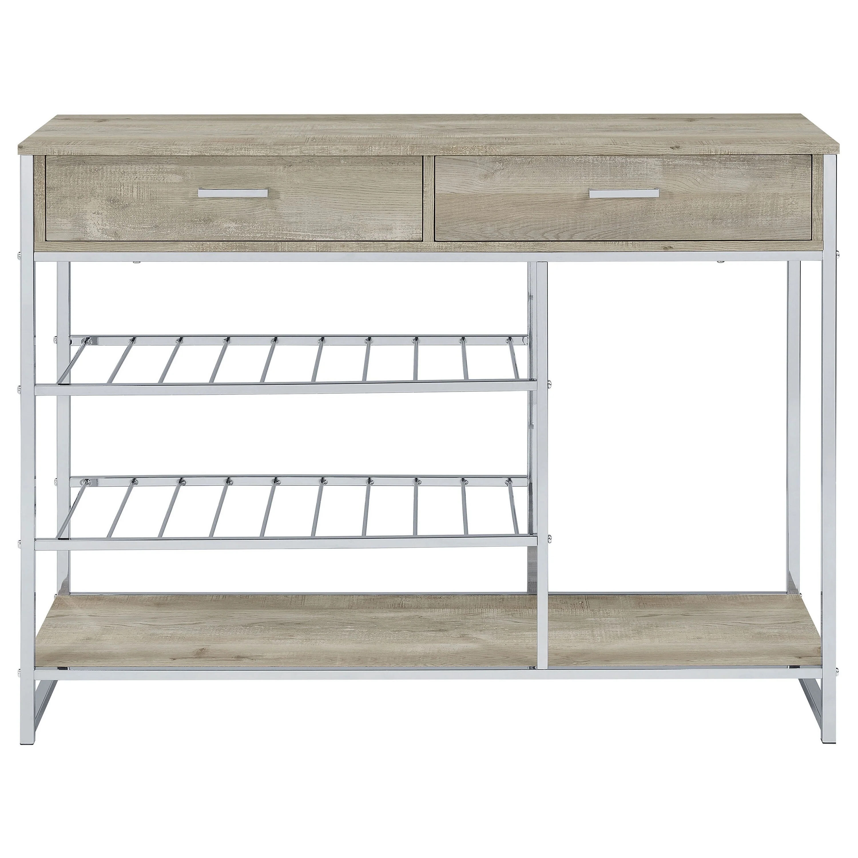Mel 48 Inch Wine Rack Bar Sideboard, 2 Drawers, Shelves, Gray, Chrome Metal