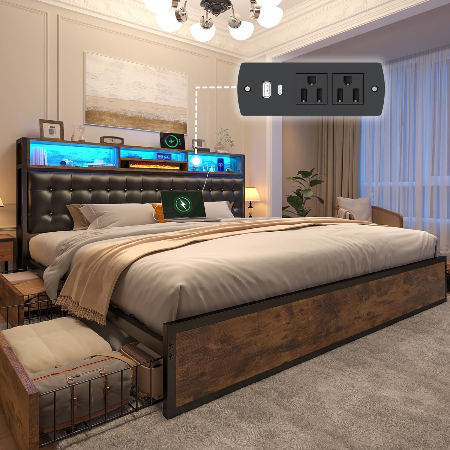 EnHomee King Size Bed Frame with 4 Storage Drawers, LED Lights & Charging Ports, Upholstered Platform Bed with Leather Tufted 2-Tier Headboard, 1100 LBS Heavy Duty Metal Slats,Vintage Brown