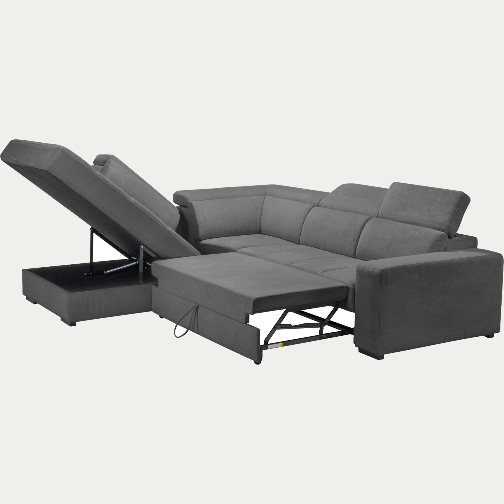 ORIGANO - Canapé d'angle gauche convertible avec coffre en tissu doux - gris