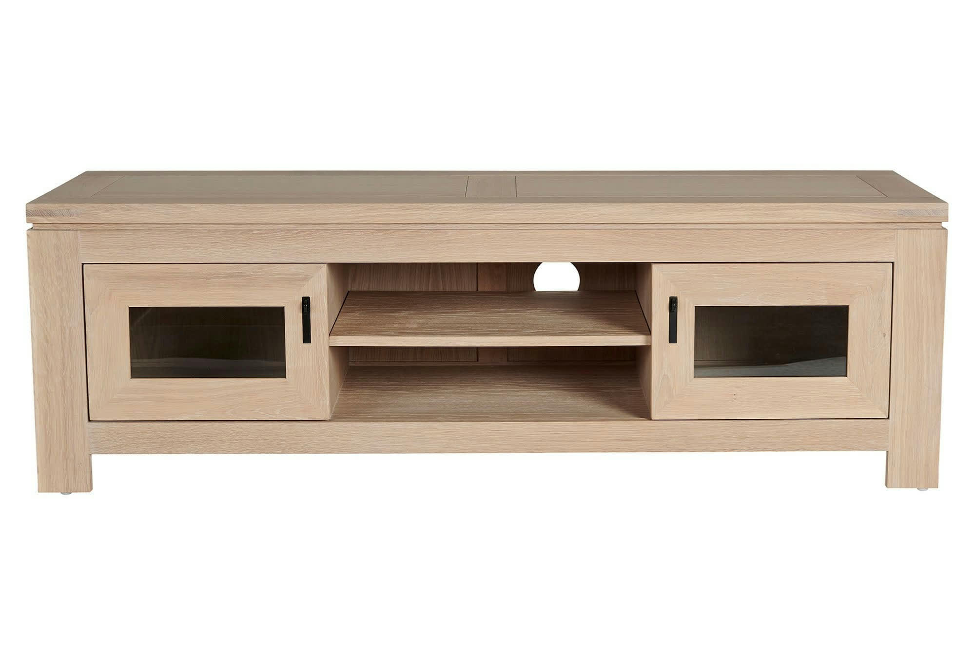 BOSTON - Meuble TV bas moderne en chêne blanchi 2 portes 2 niches