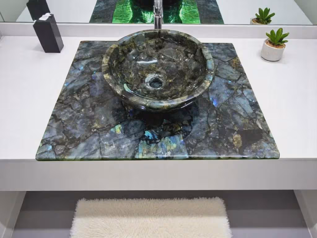 Labradorite Stone Sink | Round | Wash Basin | Modern Bathroom Accent | (Customizable)