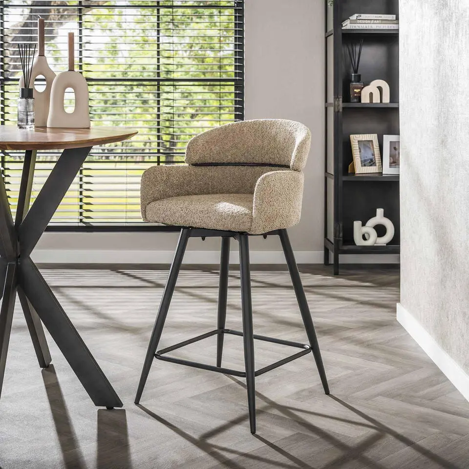 Barstoel Draaibaar - Zand Boucl&eacute;- 50x54x95cm - Ronde Rug - Set van 2