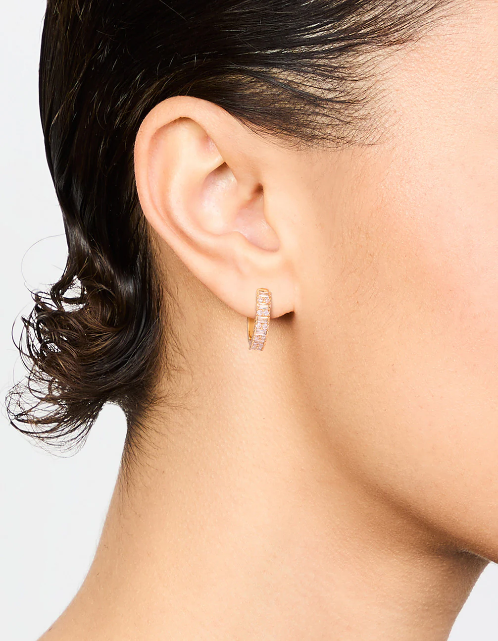 Gold Plated Diamante Baguette Pave Hoop Earrings