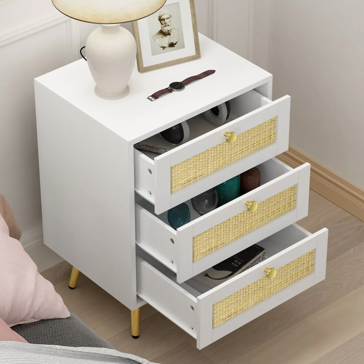 Anmytek Mid-Century Modern 3-Drawer White Wood Rattan Nightstand Side End Table for Bedroom Living Room