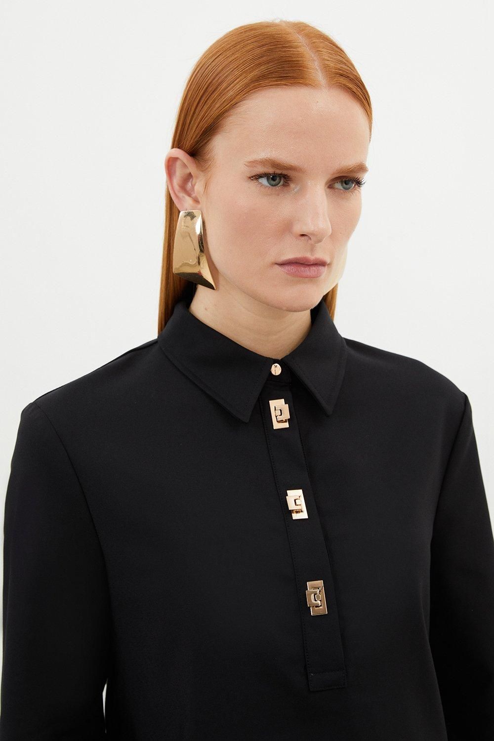 KarenMillen Techno Cotton Woven Shirt With Gold Clasp