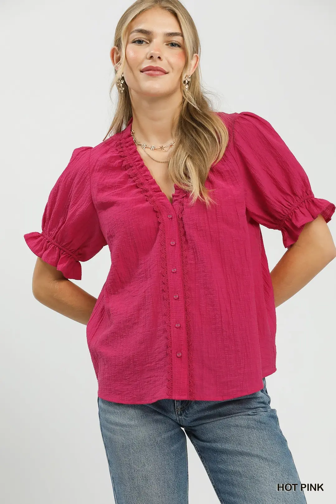 Textured Button-Front Puff Sleeve Top
