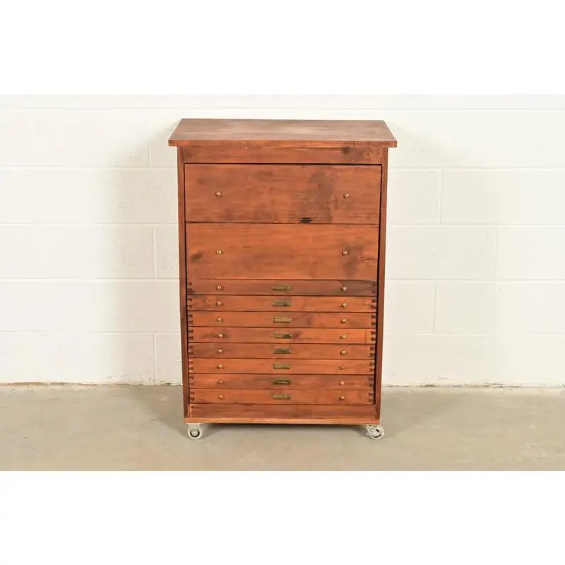 Antique Arts & Crafts Walnut 10-Drawer Flat File Cabinet, Circa 1900