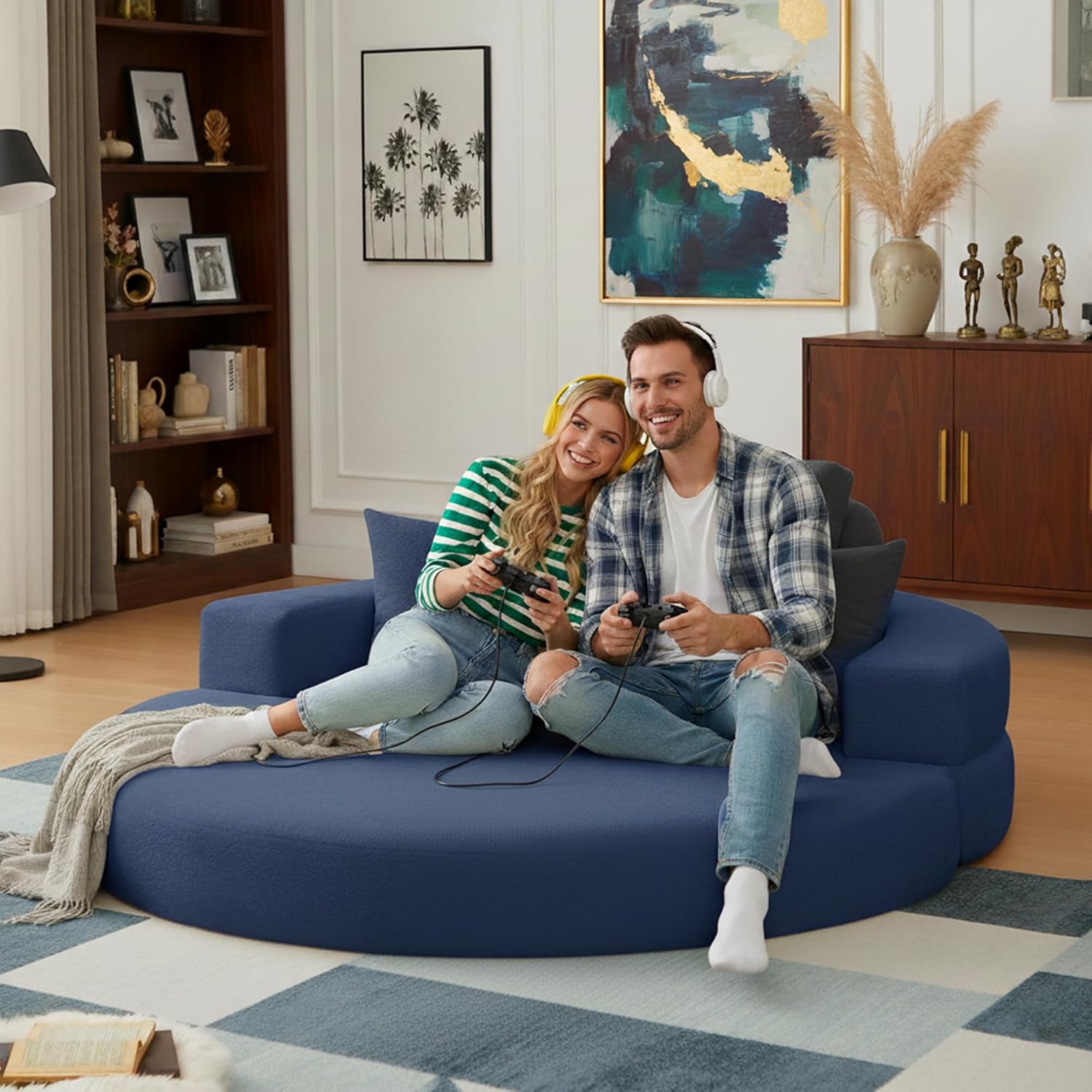 71 Boneless Couch Sofa Bed Oversized Round Couch 2-in-1 Foldable Floor Loveseat Sofa for Living Room and Apartment No Assembly.(Blue, 71)
