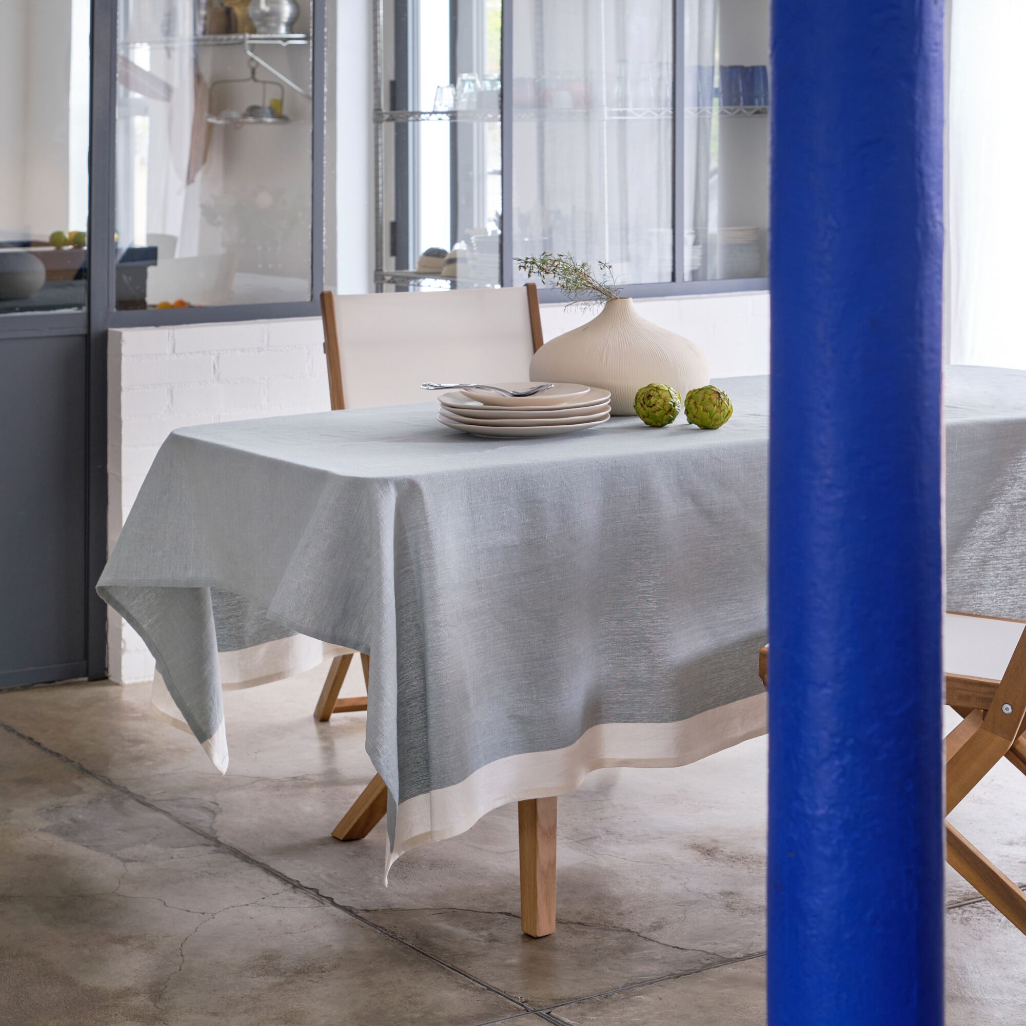SIL - Nappe en lin et coton - bleu calaluna et naturel 170x250cm
