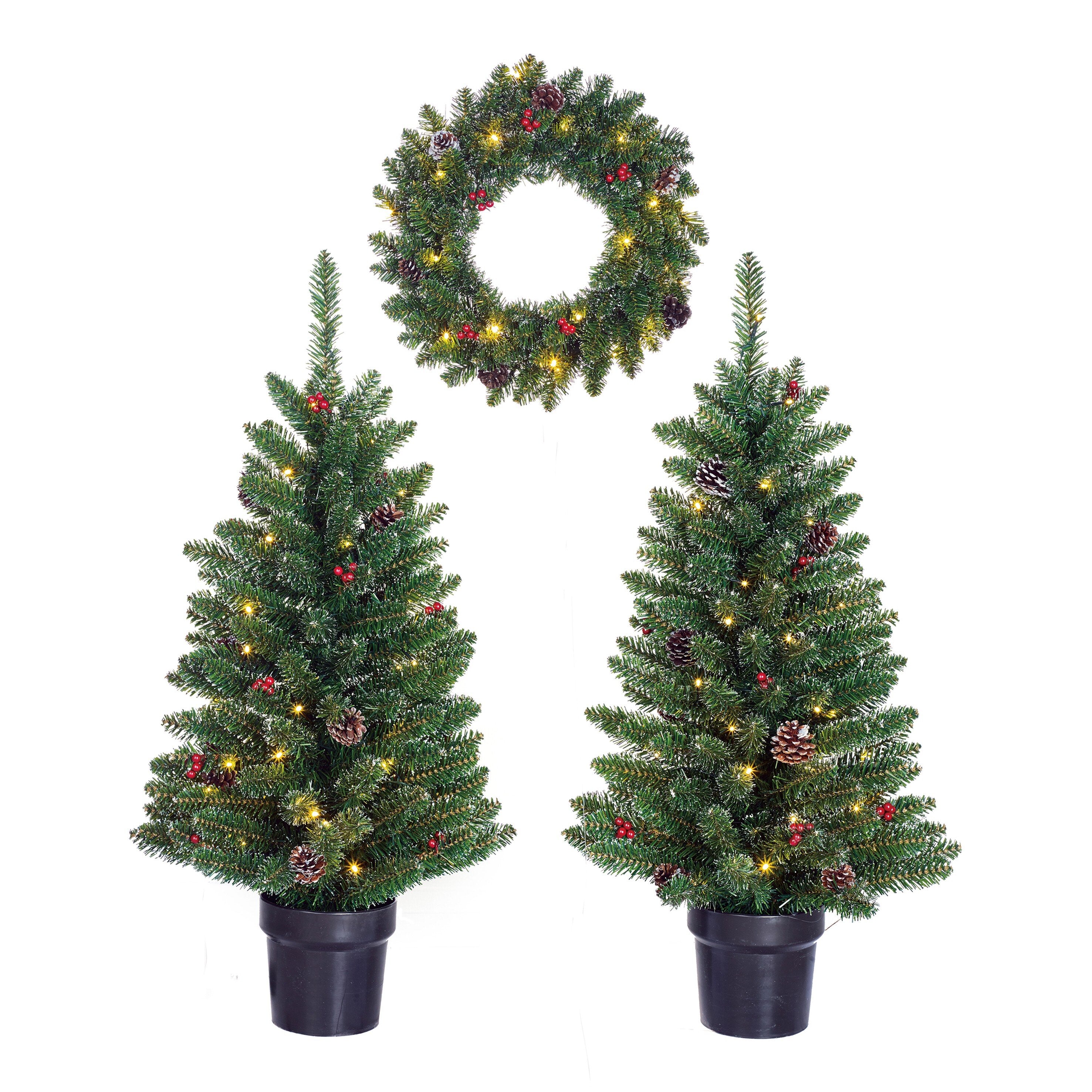 Black Box Trees Creston Kerstboom en Kerstkrans Set - 2 Kunstkerstbomen en 1 Krans met LED Verlichting - Groen