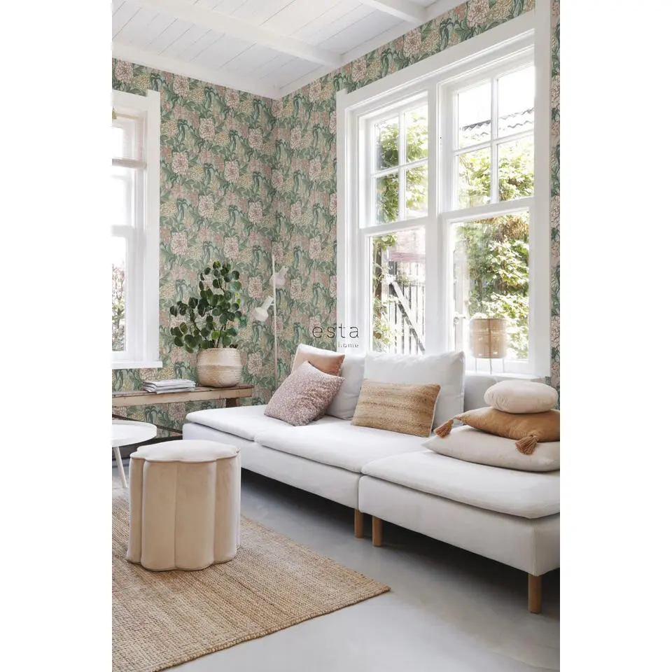 ESTAhome behang vintage bloemen groen en oudroze - 53 cm x 10.05 m