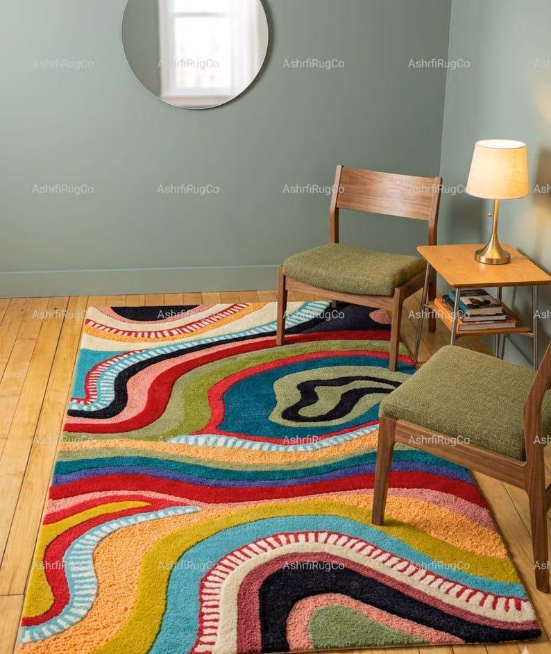 Hand Tufted Wool Wavy Abstract Area Rug, Colorful Artistic Carpet 6X9 READY TO SHIP